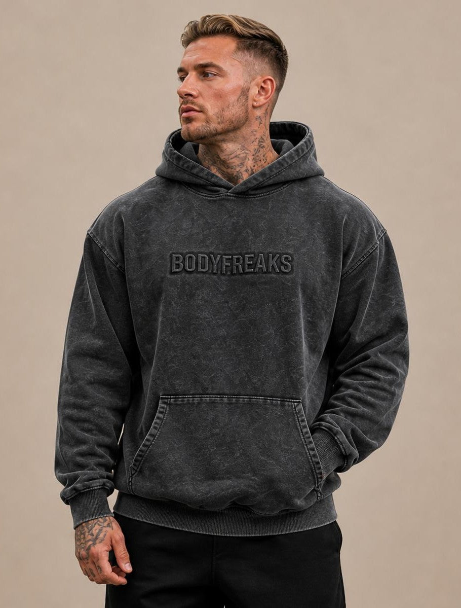 Acid Wash ATHL Club Embossed Hoodie - BLACK