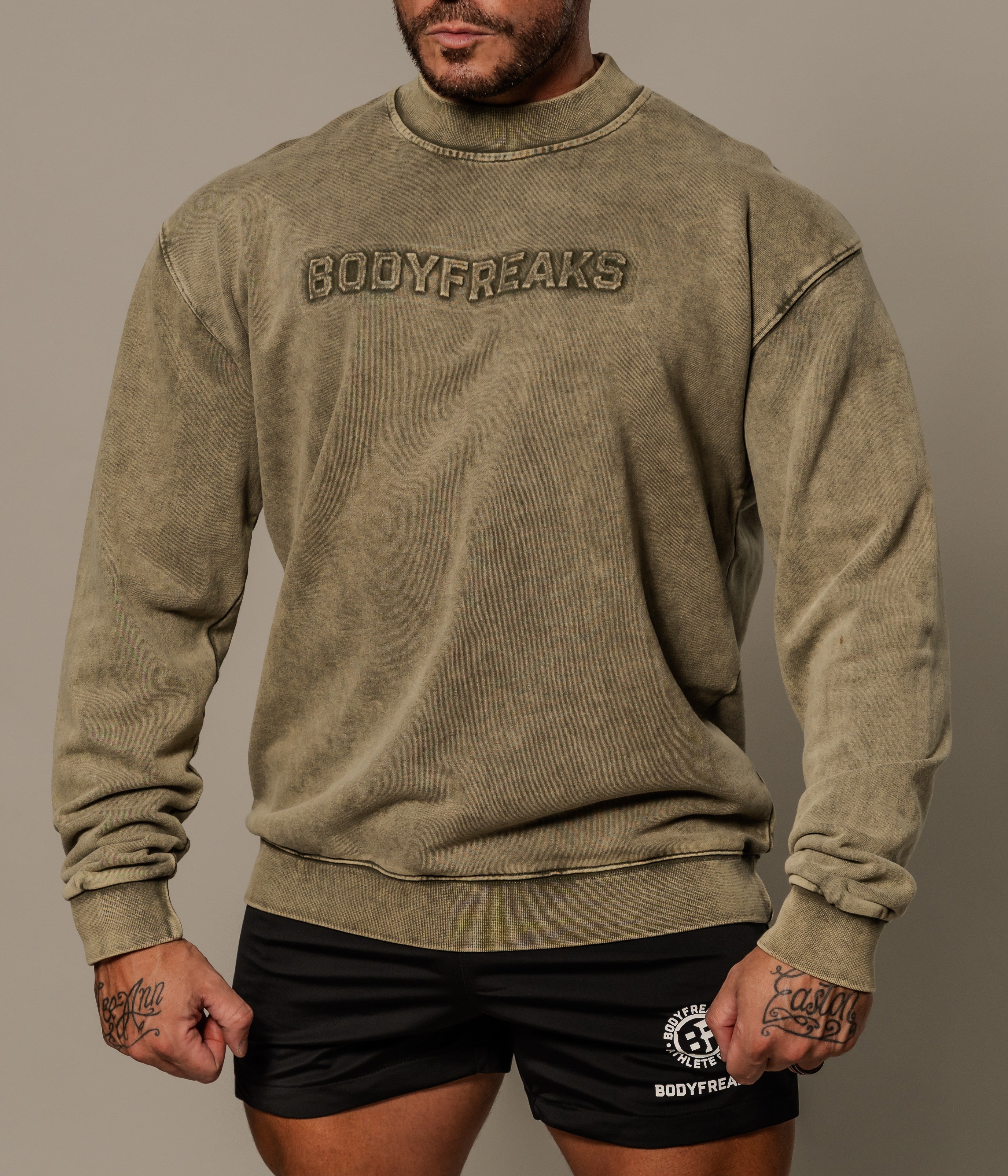 BF Athlete Club Embossed Sweater - Stonewash Khaki Green [bulk-run-1:BF Athlete Club Embossed Sweater - Stonewash Khaki Green Shortlist]